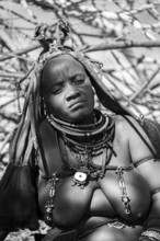 Black and white, Himba woman, portrait, traditional Himba village, Kaokoveld, Kunene, Namibia
