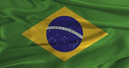 Flag of Brazil with fabric textured background. Close up of National flag of Brazil with realistic