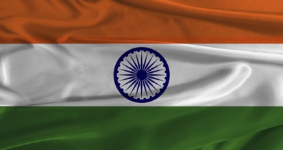 Flag of India with fabric textured background. Close up of National flag of India with realistic