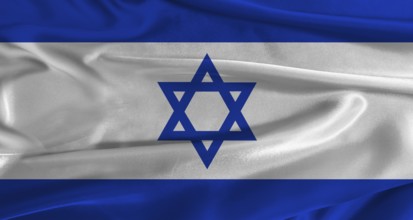 Flag of Israel with fabric textured background. Close up of National flag of Israel with realistic
