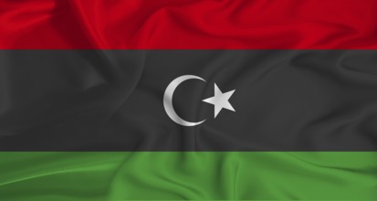 Realistic Libya flag waving. Close up of flag of Libya with cloth texture