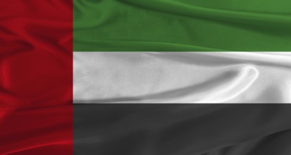 Flag of United Arab Emirates with fabric textured background. Close up of National flag of United