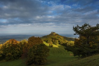 Castle and autumnal forest, Hohenzollern Castle, sunrise, Hechingen, Swabian Jura,