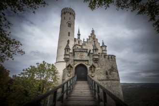Castle and dark mystical atmosphere, Lichtenstein Castle, Honau, Echaz Valley, Swabian Jura,