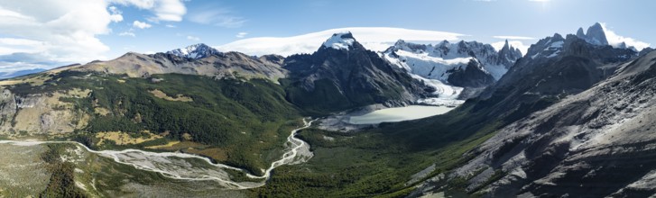 Aerial View, Epic Panorama, Glaciar Torre Glacier Lake Laguna Torre, Mountains and Peaks of Monte