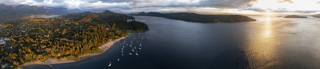 Sailing boats in the lake, panorama, aerial view near San Carlos de Bariloche, Nahuel Huapi Lake,