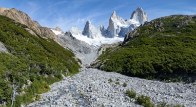 Epic panorama, rocky mountain landscape, glacier and summit of Monte Fitz Roy in the background,