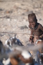 Himba child herding goats, traditional Himba village, Kaokoveld, Kunene, Namibia