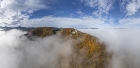 Aerial view of Araburg with autumn forest and fog, Kaumberg, Lower Austria, Austria