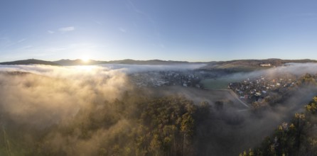 Aerial view of fog over the city, Berndorf, Lower Austria, Austria