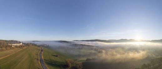 Aerial view of fog and Kremesberg estate, Berndorf, Lower Austria, Austria
