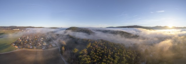 Aerial view of fog over allotment garden settlement and forest, Berndorf, Lower Austria, Austria