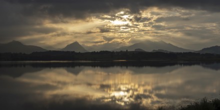 Sunset panorama, Hopfensee, Hopfen am See, near Füssen, Ostallgäu, Allgäu, Bavaria, Germany