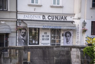 Façade of a second-hand bookshop in the old town of Ljubljana, Slovenia