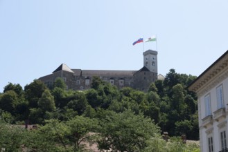 Ljubljana Castle towers over the city on a wooded hill, Ljubljana, Slovenia