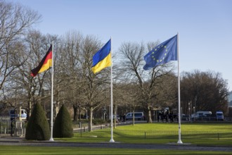 Flags of the Federal Republic of Germany, Ukraine and the European Union during the visit of