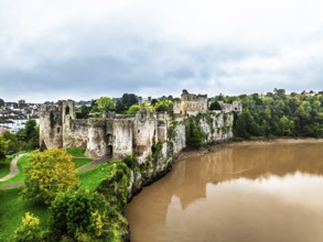 Autumn over Chepstow Castle and River Wye from a drone, Chepstow, Monmouthshire, Wales, UK