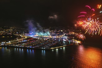 Bay of Lights Illumination Trail Fireworks over Torquay Horbour from a drone, Torbay, Devon,