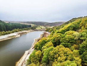 Pen y Garreg Dam and Reservoir from a drone, Elan Valley, Rhayader, Powys, Wales, UK