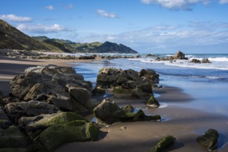 Castlepoint Beach, ocean, sandy beach, rocks, mountains. Castlepoint, Wairarapa Coast, Wellington