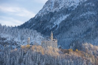 Romantic Neuschwanstein Castle in winter surroundings, nestled in snow-covered mountain landscape,