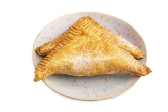 Triangles Pie, Puff Pastry, Samsa with cherry jam isolated on white background, side view, close up