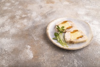 Chicken, egg and dried apricot meatloaf, microgreen on brown concrete background. side view, copy