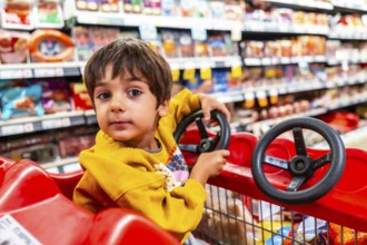 Adorable toddler having fun driving a shopping cart with a toy steering wheel attached, enjoying a