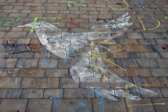 Painting of a peace dove on the pavement of the schoolyard of a secondary school, Röthebach, Middle