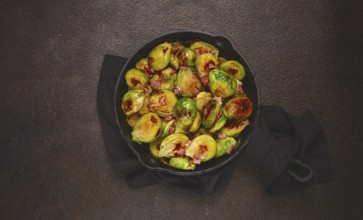 Roasted brussels sprouts, with bacon, vegetarian food, homemade, no people