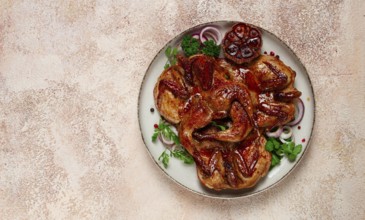 Fried, quail meat, tobacco (tapaka), with spices, homemade, no people
