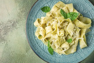 Pasta papardelle, with pesto and parmesan cheese, homemade, no people
