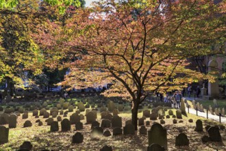 Grave rows, historic cemetery in Indian Summer, tourists, Granary Burying Ground, Tremont Street,