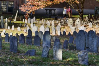 Grave rows, historic cemetery in fall, Granary Burying Ground, Tremont Street, tourists, tourist