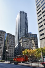Boston Duck Tour, special city tour in amphibious vehicle from World War II, red bus in front of