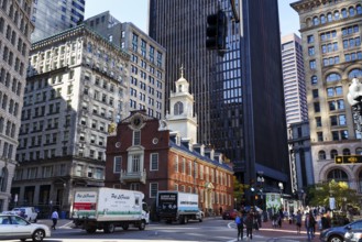 Historic Administration Building, Old State House, walkers, passers-by, truck, colonial style,