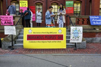 Posters, students at protest action, Indigenous Peoples' Day in October, history and culture,
