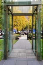 Glass tower, passageway, death camp symbol, Indian Summer, New England Holocaust Memorial, walker,