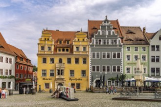 Town houses and Meissen lettering on the market square in Meissen, Saxony, Germany