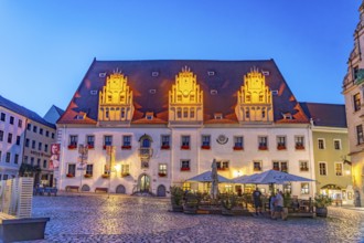 Meissen Town Hall on the market square in Meissen at dusk, Saxony, Germany