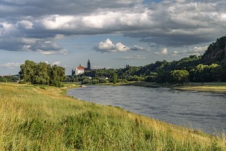 The castle hill with Albrechtsburg, cathedral and the Elbe in Meissen, Saxony, Germany