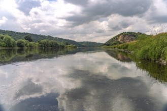 The Elbe and the Bosel hill of the Spaargebirge near Meissen, Saxony, Germany