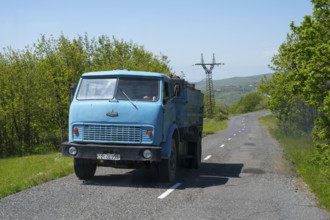 A blue truck drives on a sunny country road surrounded by trees and a power pole, MAZ truck,