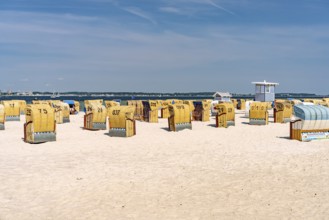 Beach chairs on the beach of Laboe on the Kiel Fjord, Laboe, Schleswig-Holstein, Germany