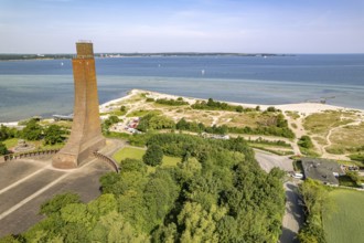 Laboe with the naval memorial, beach and dune landscape on the Kiel Fjord seen from above, Laboe,