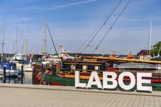 Laboe lettering on the port of Laboe, Schleswig-Holstein, Germany