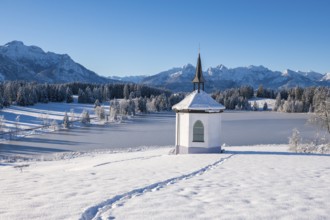 Snow-covered chapel and footprints with mountain landscape in the background, Hegratsrieder See,