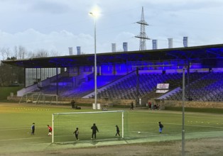 Youth training in the royal blue Glückauf Kampfbahn of FC Schalke 04, Gelsenkirchen, Ruhr area,