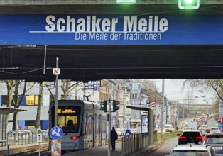 Schalker Meile logo on the A42 motorway bridge, Schalke district exit, Gelsenkirchen, Ruhr area,