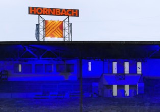Hornbach sign above the Glückauf Kampfbahn of FC Schalke 04, Gelsenkirchen, Ruhr area, North